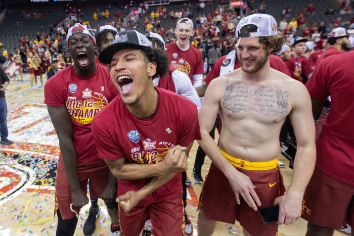 Mar 16, 2024; Kansas City, MO, USA; Iowa State Cyclones guard Curtis Jones (5) and Iowa State Cyclones forward Conrad Hawley (23) celebrate after the game against the Houston Cougars at T-Mobile Center.